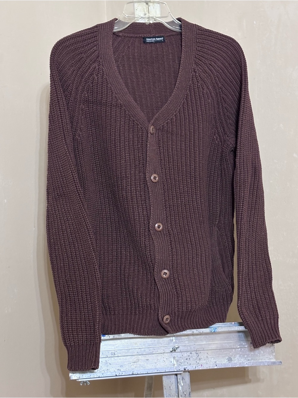 American Apparel Fisherman Cardigan Sweater Unisex Brown S Ribbed V-Neck